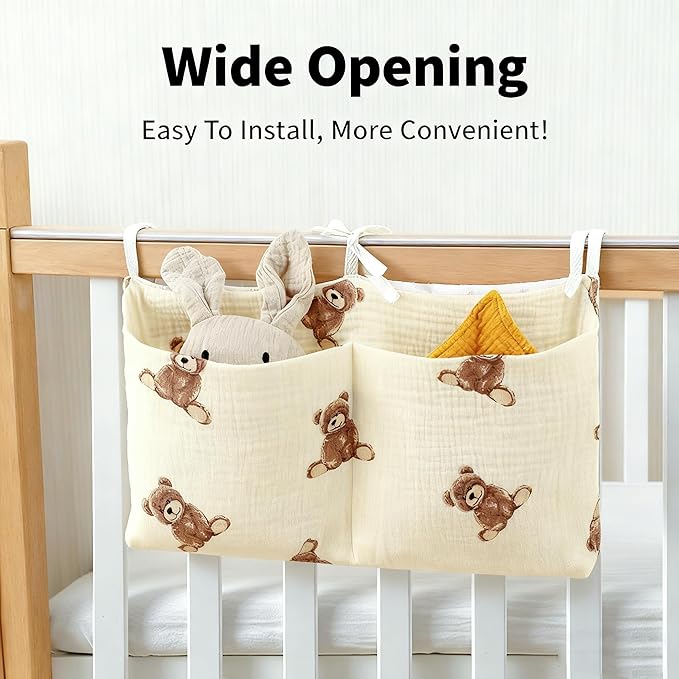 Baby Bedside Hanging Storage Bag Muslin Cotton Teddy Bear, Crib Diaper Caddy Organizer 2 Pockets, Nappy-Dormitory Nursery Organization Holder for Cribs, Playard or Wall Milk Bottle Bib Organizing