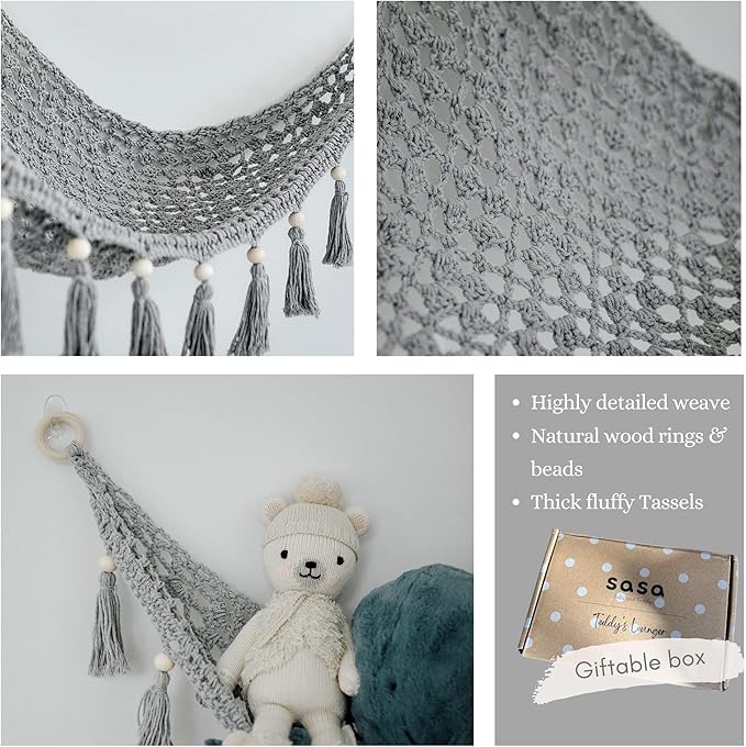 Macrame Toy Hammock for Stuffed Animals - Plush Toy Hammock, Grey Nursery Decor, Hanging Stuffed Animal Organizer, Pebble Grey
