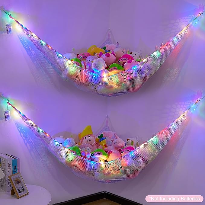 Basumee Stuffed Animals Net or Hammock with LED Light Hanging Toy Net Hammock for Stuffed Animals Storage Stuff Animals Hammocks for Nursery Room with Remote Control, 8 Kinds of Lights(Pack of 2)