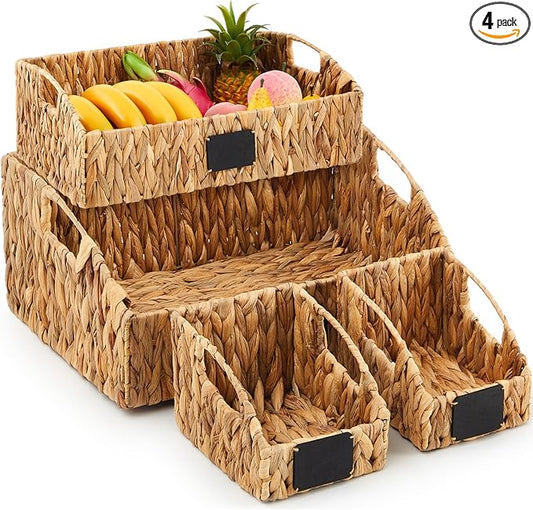 4 Pcs Hyacinth Storage Set Stackable Handwoven Wicker Baskets with Chalkboard Label Handles Woven Container Kitchen Large Small for Pantry Shelves Food Home Bathroom Decor