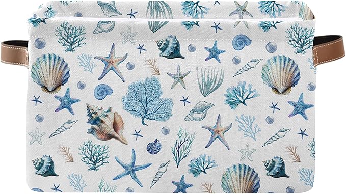 Sea Shells Starfish Rectangle Storage Basket - Ocean Themed Collection Collapsible Storage Baskets with Handles - Ocean Conch Pattern Storages Bin for Kids Clothes, Gifts, Books, Toys