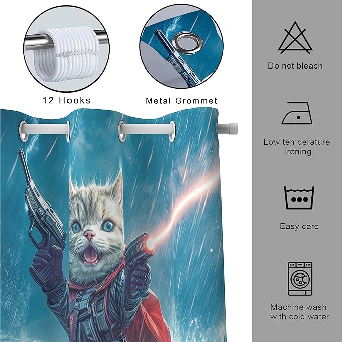 70x75 Inch Funny Cat Riding Shark Waterproof Shower Curtain - Blue Ocean Bathroom Decor with Hooks, Humor Polyester Bathtub Curtain for Kids Teens Adults