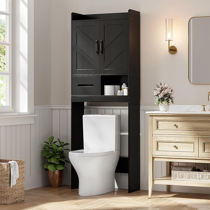 IDEALHOUSE Over The Toilet Storage Cabinet,Bathroom Organizers and Storage with Anti-Tip Device and Adjustable Shelf for Bathroom,Restroom,Laundry,Black