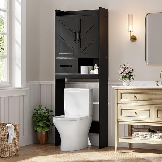 IDEALHOUSE Over The Toilet Storage Cabinet,Bathroom Organizers and Storage with Anti-Tip Device and Adjustable Shelf for Bathroom,Restroom,Laundry,Black