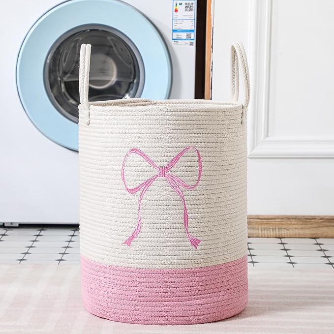 Honeydak Pink Laundry Basket Bow Hamper Coquette Laundry Basket Cotton Rope Pink Hamper 15 x 17.7 Inches Toy Box Large Coquette Bow Teens Girls Room Storage for Blanket Toys Clothes Organization