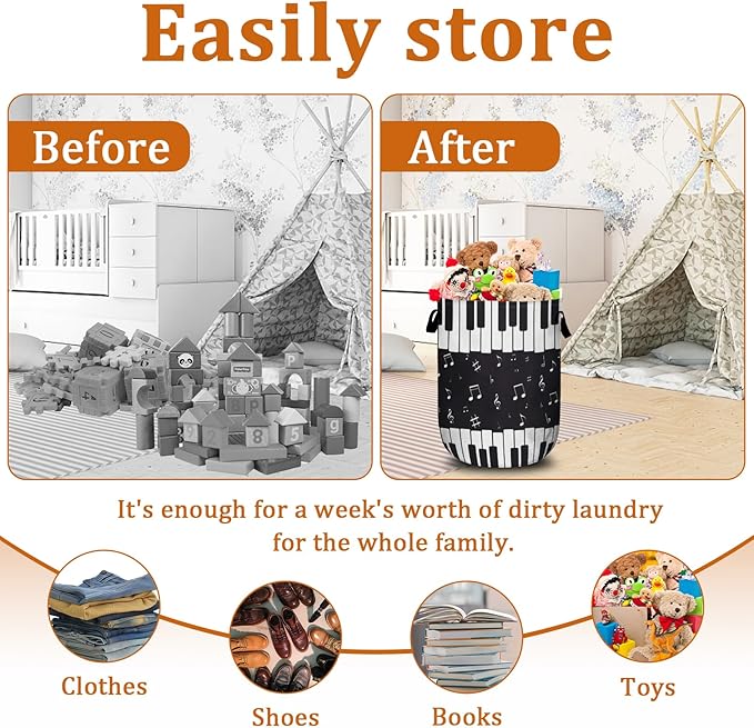 Piano Keyboard Laundry Basket with Sturdy Handles, Music Note Collapsible Oxford Cloth Laundry Hamper Organizer Basket for Bathroom Bedroom 15.7x20 Inch