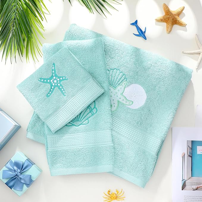 3 Pcs Coastal Seashell Bathroom Towel Set Farmhouse Embroidered Coastal Seashell Towels Vintage Decorative 100% Cotton Bath Towel Highly Absorbent Summer Decor Set for Bathroom