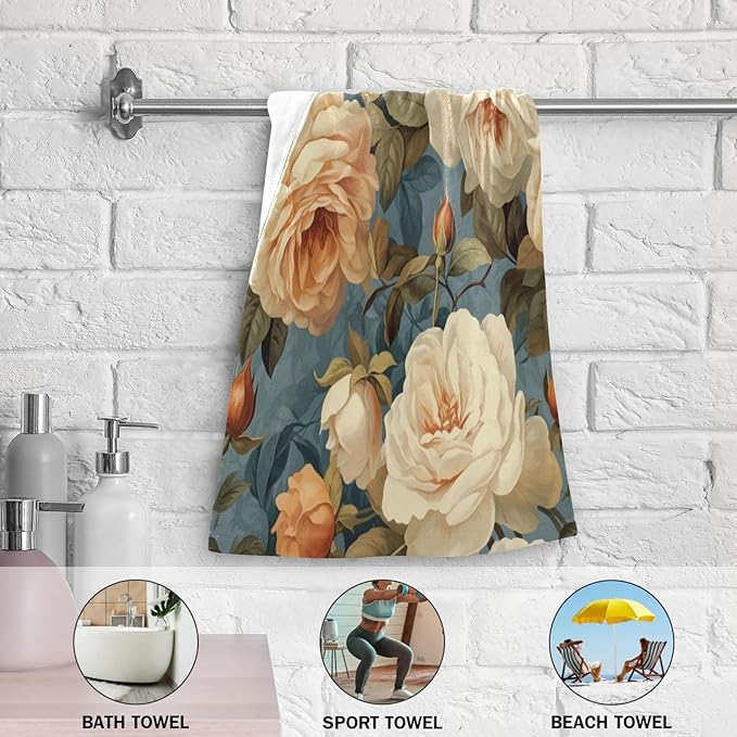 2 Pcs Vintage Orange Rose Floral Hand Towels for Bathroom,Soft Absorbent Retro Elegant Pink Peony Flower Painting Dish Towels for Kitchen,Decorative Bathroom Towels for Face,Shower 14"x28"
