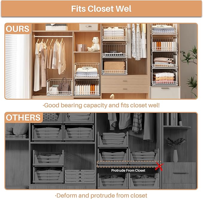 4-Pack Metal Drawer Organizer for Closet with Sliding Rail, Metal Bbasket Storage Drawers for Wardrobe, Stackable Wire Bins for Clothing and Accessories-White