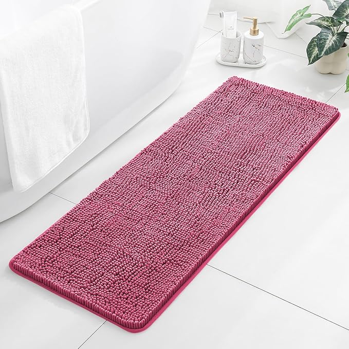 Hot Pink Bathroom Rugs 17"x47" - Plush Chenille Non-Slip Runner Bath Mat - Absorbent, Washable, Soft Decor for Shower, Sink, Tub, Kitchen, Home Accessories