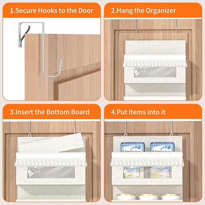 Aokeyee 4 Tier Over The Door Organizer Storage Nursery, Boho Door Organizer Hanging with Tassels and Clear Window, 55lb Behind The Door Storage for Baby Nursery, Bedroom, Bathroom, Laundry, Pantry