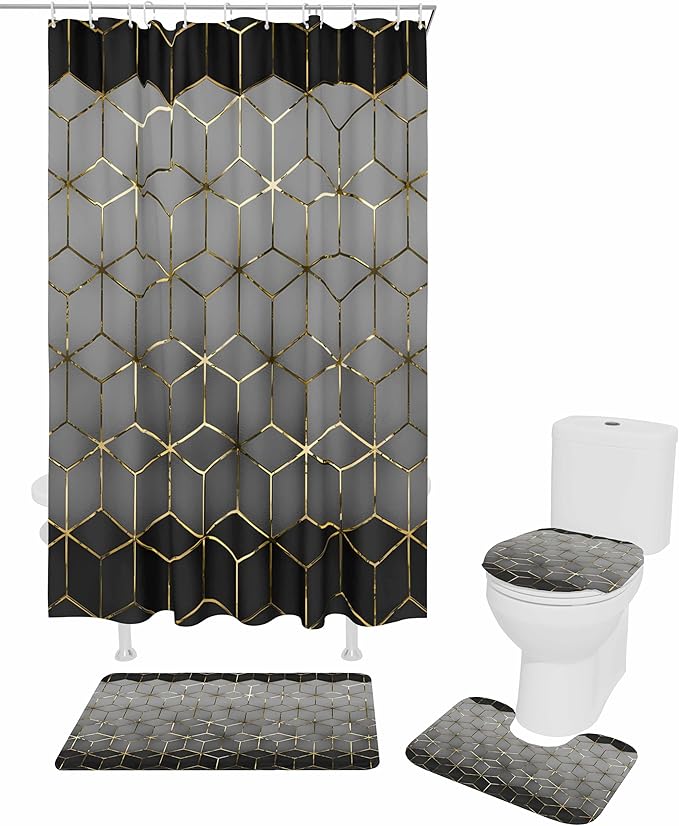 Grey Black Geometric Bathroom Set with Shower Curtain and Rug and Accessories,66x72 Inches Long Bathtub Curtain with Small Bath Mat,Minimalist Honey Gold Plaid Line Bathtub Floor Runner Rug Set