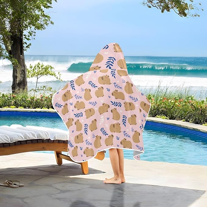 Pink Cute Capybara Hooded Beach Towel for Kids, Kids Bath Hooded Towels for Boys Girls, Super Soft Absorbent Bathrobe with Hood for Swin Pool 50"x23.5"