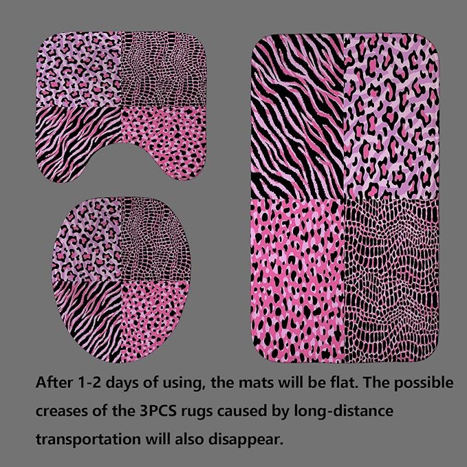 4PCS Pink Leopard Print Shower Curtain Set, Crocodile Zebra Cheetah Print Safari Animals Skin Fur Fashion Glam Teenage Girls Women Bathroom Decor, Non-Slip Bath Mat Toilet Rug, Chic Patchwork