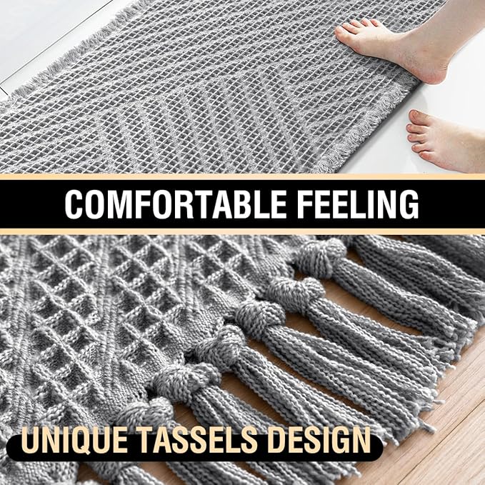 H.VERSAILTEX Waffle Bath Mat Super Absorbent Boho Bath Mat Non Slip Bath Rugs for Bathroom Floor Machine Washable Dry Fast Bathroom Rugs with Tassels (20 x 32 Plus 17 x 24 Inches, Dove)