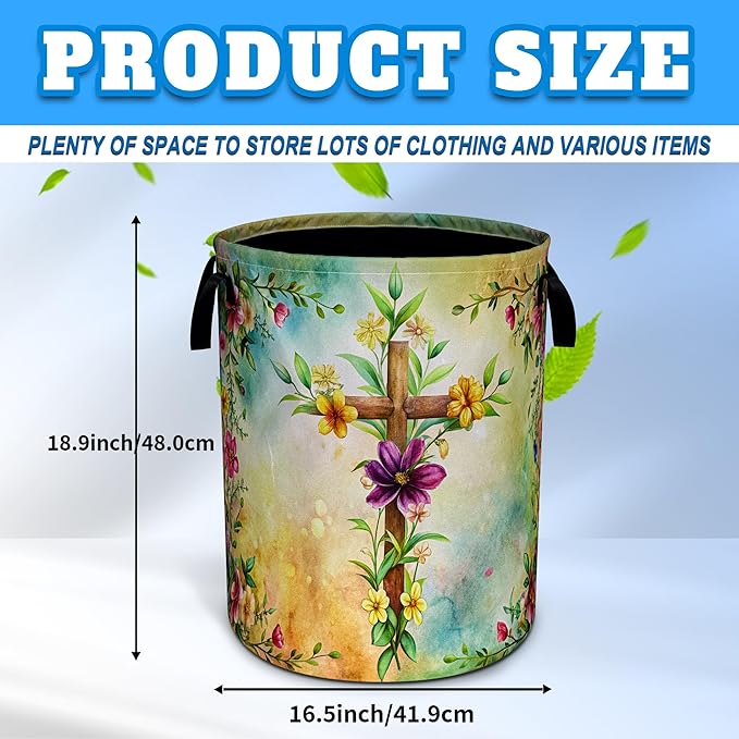 Cross Flowers Laundry Basket Christian Oxford Cloth Laundry Hamper With Handle Foldable Portable Clothes Storage Basket 18.9 X 16.5 Inch Storage Bag For Laundry Room/Bathroom/Bedroom/Dormitories