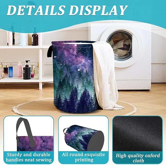 Galaxy Laundry Basket, Purple Forest Laundry Hamper Funny Tote Bag Dirty Clothes Storage Bucket Toy Organizer for Bathroom/Laundry/Bedroom 15.7"x19.6"