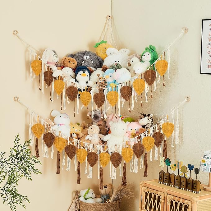 Pretty Jolly Macrame Stuffed Animal Hammock with Beads Hand Woven Leaf Tassels Corner Hanging Net Boho Plush Holder for Toys Kid Room Nursery Decor Organizer for Girls Gift(Dark Yellow&Caramel)