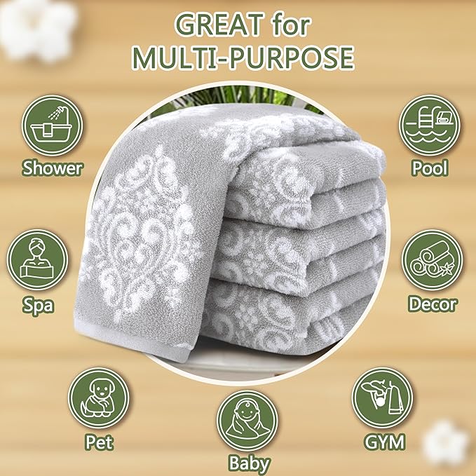 Hand Towels for Bathroom, 16" x 27" - Cotton | Quick Dry | Lightweight | Soft | Absorb, Grey Bathroom Hand Towels Set of 4, Decorative Hand Towel, Damask Towel Gift Set - Gray and White Patterned