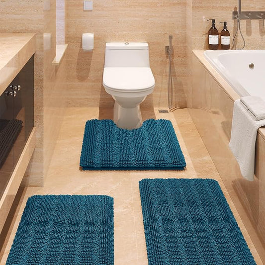 ACCUMTEK Comfydew Striped Teal Blue Bathroom Rug Set 3 Pieces Ultra Soft, Non Slip Chenille Toilet Mat, Absorbent Plush Shaggy Bath Mats for Bathroom, Bedroom, Kitchen