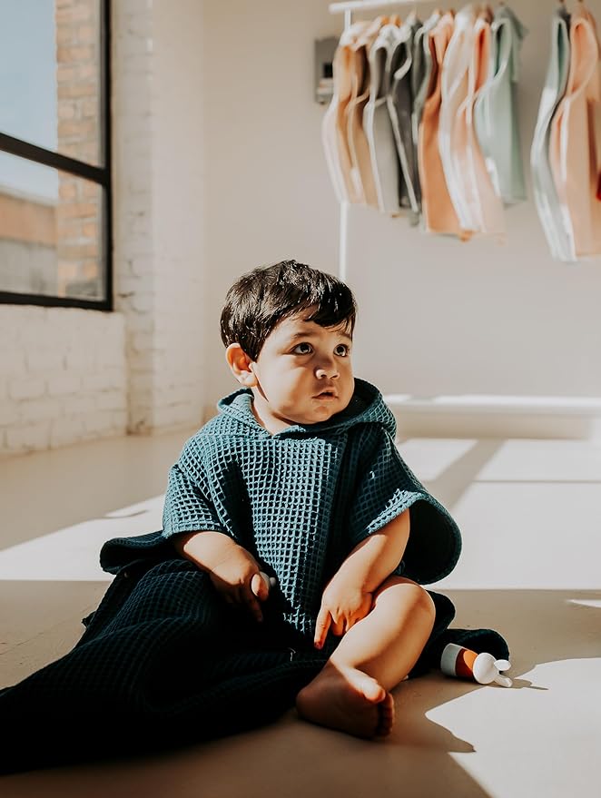 Jade&Kai Hooded Towel for Kids | Snaps into a Poncho | Organic Cotton Waffle | Lightweight and Absorbent | Bath, Beach, and Pool | Multiple Colors | (Medium (3-6 Yrs), January Aqua)