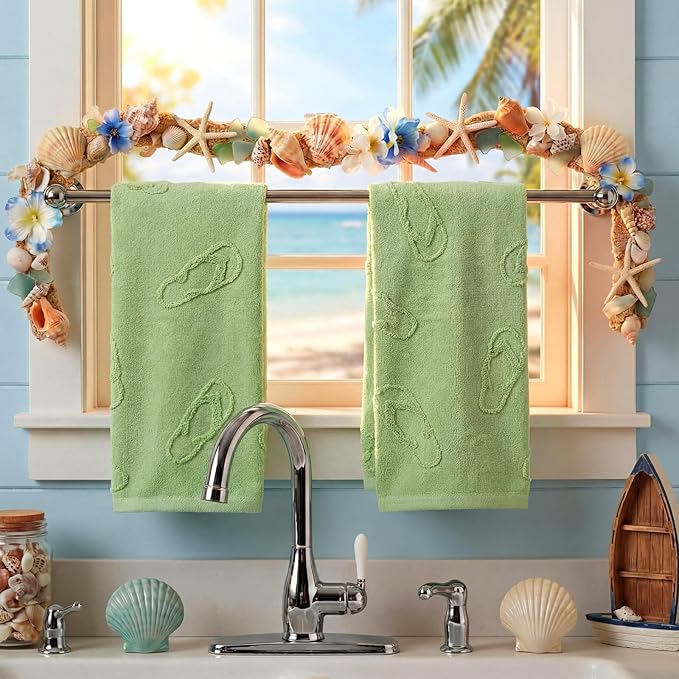 2 Pcs Flip Flops Hand Towels for Bathroom 100% Cotton Jacquard Weave Hand Towels Light Green Soft Absorbent for Spring Summer Home Bathroom Kitchen Decor, 29.5 x 13.8 Inch