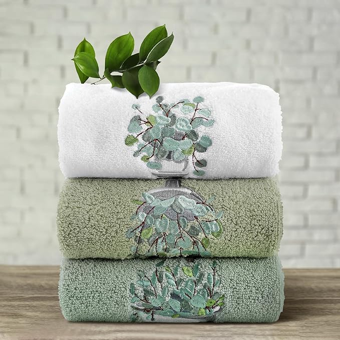 3 Pcs Eucalyptus Hand Towels Farmhouse Embroidered Botanical Bathroom Decor 13.3x29.5 Inch Farmhouse 100% Cotton Decorative Green Leaves Hand Towels for Bathroom Kitchen