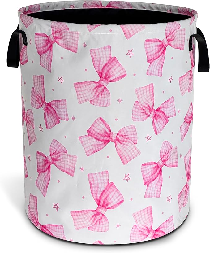 Pink Bow Laundry Basket Oxford Cloth Bowknot Laundry Hamper With Handle Foldable Portable Clothes Storage Basket 18.9 X 16.5 In Storage Bag For Laundry Room/Bathroom/Bedroom/Dormitories