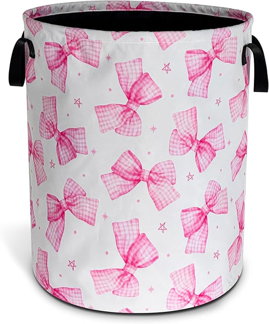 Pink Bow Laundry Basket Oxford Cloth Bowknot Laundry Hamper With Handle Foldable Portable Clothes Storage Basket 18.9 X 16.5 In Storage Bag For Laundry Room/Bathroom/Bedroom/Dormitories