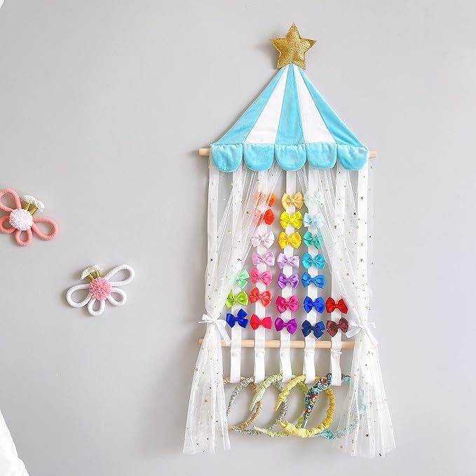 Hair Bow Organizer, Gold Star Canopy Design, White Tulle Curtain Display, Wall Mounted Storage for Baby Girls Headbands, Pink and Cream Scalloped Top (Blue)