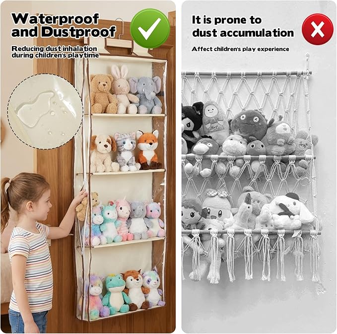 Stuffed Plush Holder for Squishmallow Storage | 2 in 1 Over the Door & Rack Hanging Organizer | with Extra Space-saving Pockets | Clear Solution for Organize Display