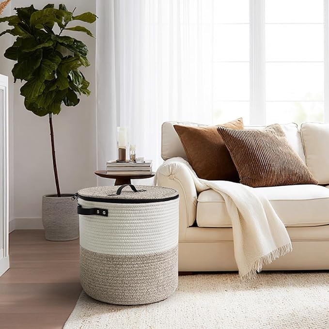 Storage Basket with Lid, 18"x14" Large Woven Blanket Storage for Living Room, Round Cotton Rope Bin with Zipper Top, Shoe Basket with Lid for Entryway, Floor Kids Dog Toy Bin Box with Cover