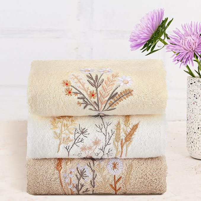 3 Pcs Boho Flowers Hand Towels Farmhouse Floral Brown Wildflowers Bathroom Decor 14x29 Inch Embroidered Boho 100% Cotton Soft Decorative Hand Towels for Bathroom Kitchen