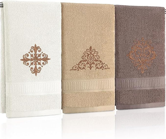 3 Pcs Vintage Brown Hand Towels Fancy Decorative Bathroom Towels 13.3 x 29.5'' Luxury Damascus Embroidered 100% Cotton Soft Absorbent for Bathroom Kitchen Boho Decor