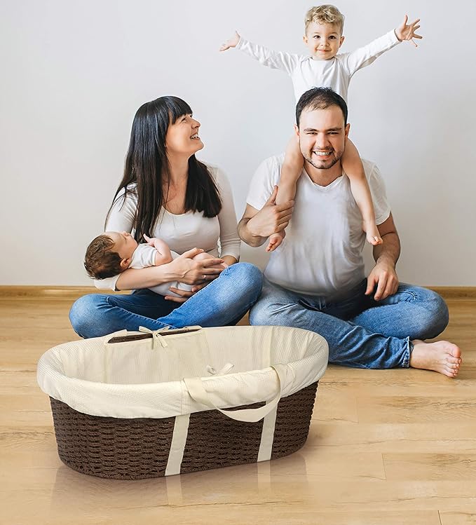 Badger Basket Woven Moses Changing Basket - Portable Baby Diaper Station with Pad, Liner, and Cover - Lightweight Newborn Changing Basket for Home or Travel - Espresso/Ecru