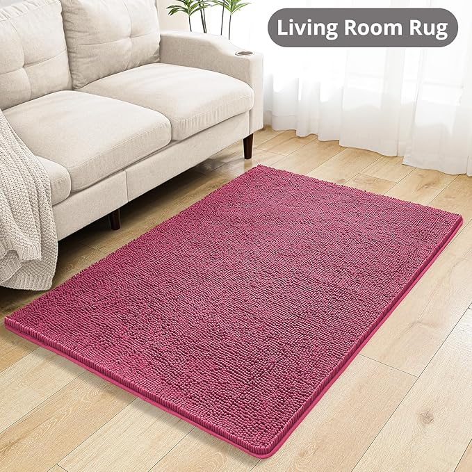 Hot Pink Bathroom Rugs 40"x60" - Large Plush Chenille Non-Slip Runner Bath Mat - Absorbent, Washable, Soft Decor for Shower, Sink, Tub, Floor, Home Accessories