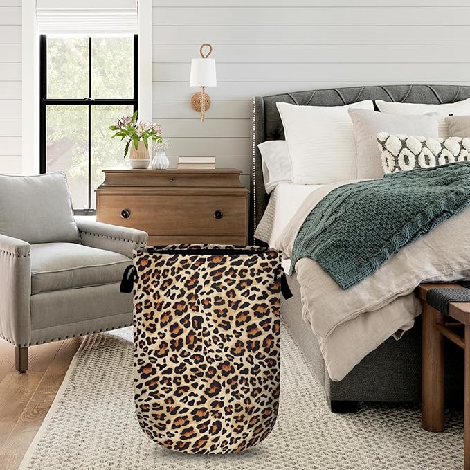 Brown Leopard Laundry Basket with Sturdy Handles, Natural Animal Skin Print Collapsible Oxford Cloth Laundry Hamper Organizer Basket for Bathroom Bedroom 15.7x20 Inch