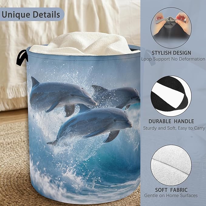 Dolphin Laundry Basket,Ocean Foldable Oxford Cloth Tote Bag Laundry Hamper Clothes Storage Bucket Organizer for Bedroom Laundry Storage Dormitories 16" x 20.8"