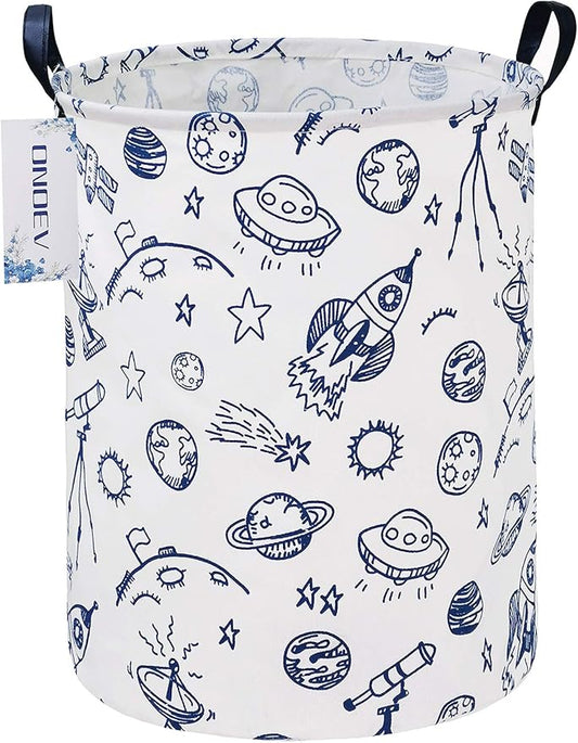 Round waterproof laundry basket、foldable storage basket、laundry Hampers with handle、gift basket,suitable for children's room and toy storage (Blue Planet)