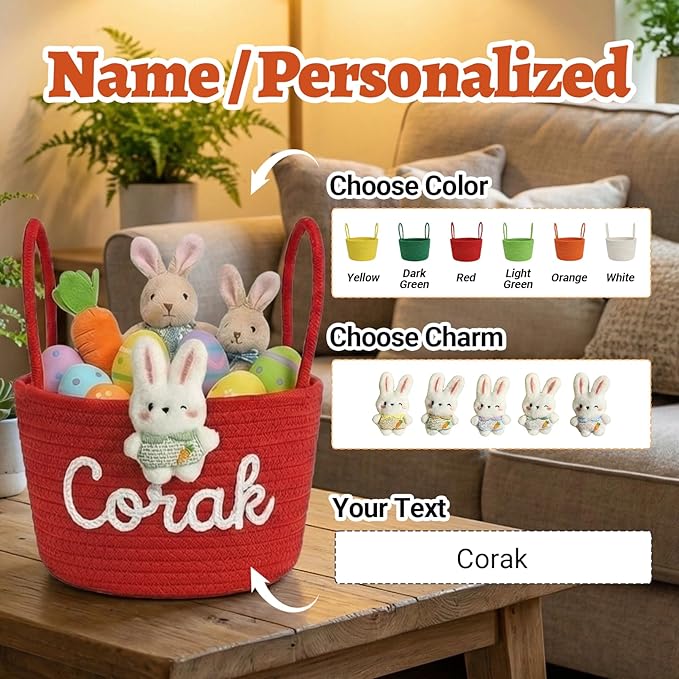 Personalized Easter Basket for Kids with Name - Custom Cute Embroidery Easter Bunny Rope Basket for Boys Girls, Easter Egg Hunt Basket (Two Handles+7 Colors)