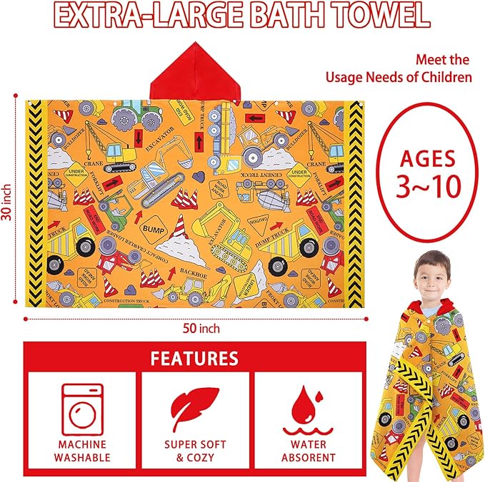 Hooded Beach Towels for Kids - Ultra Soft 100% Cotton Excavator Toddler Hood Bath Towels/Pool Terry Towel Beach Poncho Wrap Absorbent Cute Bath & Swim Wrap Gift for Boys & Girls 3-10 Years - Yellow
