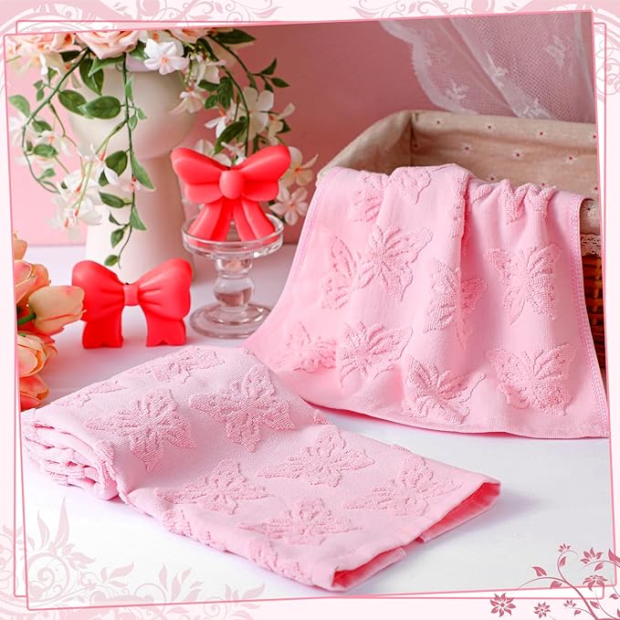 2 Pcs Butterfly Hand Towels for Bathroom Pink Butterfly 100% Cotton Jacquard Weave Bath Towel Set Soft Absorbent Dish Washcloth for Women Bathroom Kitchen Summer Gifts 13.8 x 29.5 Inch