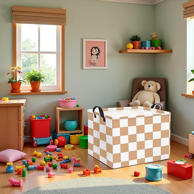 HIYAGON Rectangular Baby Girl Basket Fabric Storage Basket Storage Bin Organizer Box Room Decor(Brown Checkered)