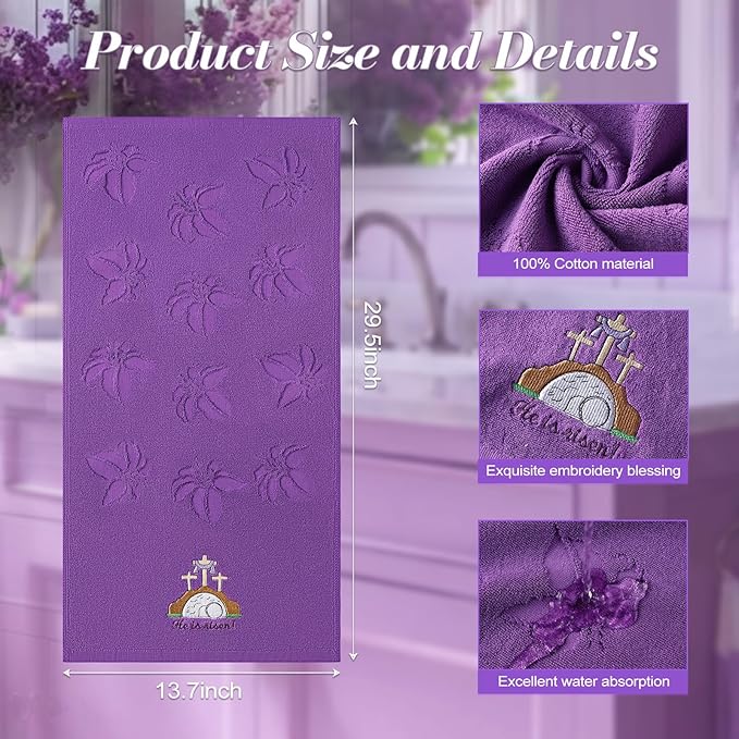 2 Pcs Easter Hand Towels for Bathroom He is Risen Easter Christian Bath Towels Purple 100% Cotton Jacquard Embroidered Decorative Religious Gift Set Kitchen Decor Home Accessories