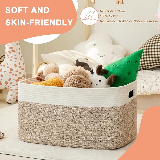 75L Large Blanket Basket, Toy Basket Bin for Kids, Cotton Rope Woven Storage Basket for Living Room, Nursery, Baby Room Decorative Organizer, 22''×17''×12'', Brown and White