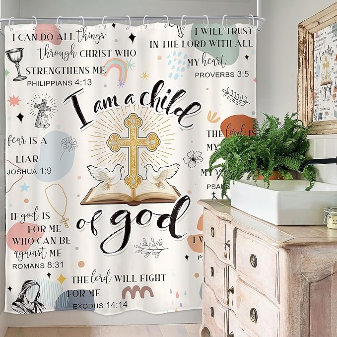 Homewelle Christian Bible Verse Shower Curtain Kids Boho Mid Century Inspirational Quotes Cross Abstract Motivational Positive Scripture 60Wx72H Inch Waterproof Polyester Fabric Bathroom Bathtub