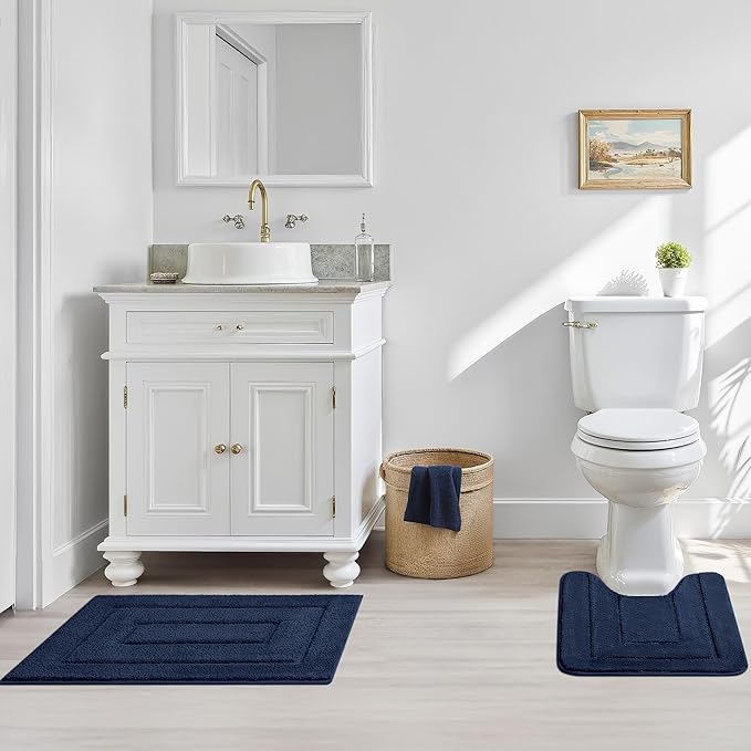GRANNY SAYS Bathroom Rugs Sets 3 Piece, Soft Absorbent Microfiber Bath Mats for Bathroom Non Slip Washable, U-Shaped Toilet Bath Rugs for Tub Shower (Blue, 16" x 24" + 20" x 32" + U Shaped 20" x 24")