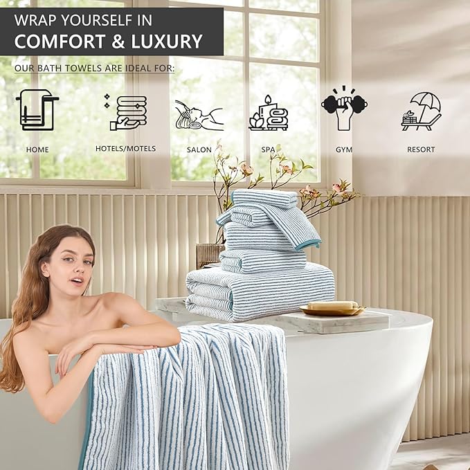8-Piece Premium Towel Set for Bathroom|2 Oversized Large Bath Sheet,2 Hand Towels,4 Washcloths|Soft Cozy Highly Absorbent Fast Dry Microfiber Shower Towel Set for Hotel Bathroom Essentials,Lake Blue