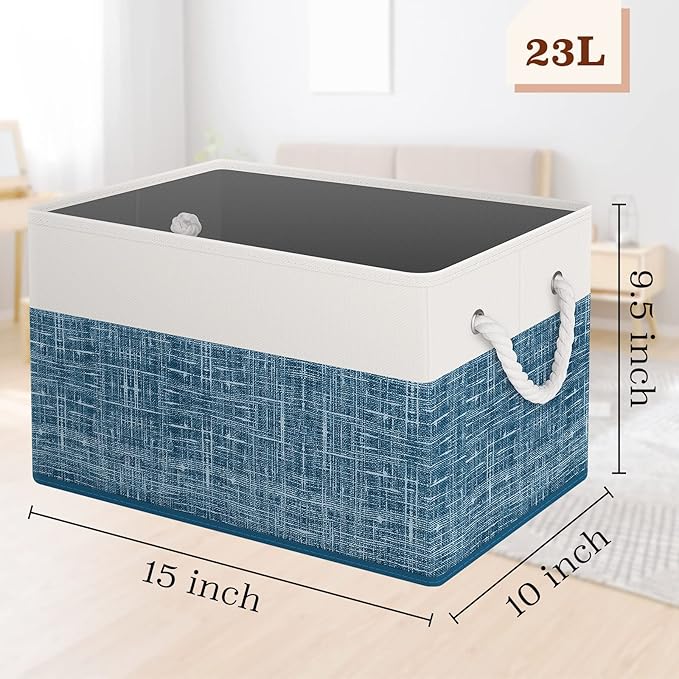 Storage Bin,Collapsible Storage Basket For Organizing,Large Storage Boxes With Rope Handles,Storage Containers,White & Blue,6 Pack