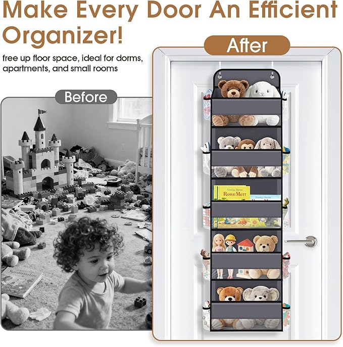 WISELIFE Over The Door Organizer Storage with 5 Large Pockets Door Hanging Organizer with Clear Windows behind The Door Storage for Nursery Bedroom Bathroom Pantry Closet and Baby Essentials Dark Grey